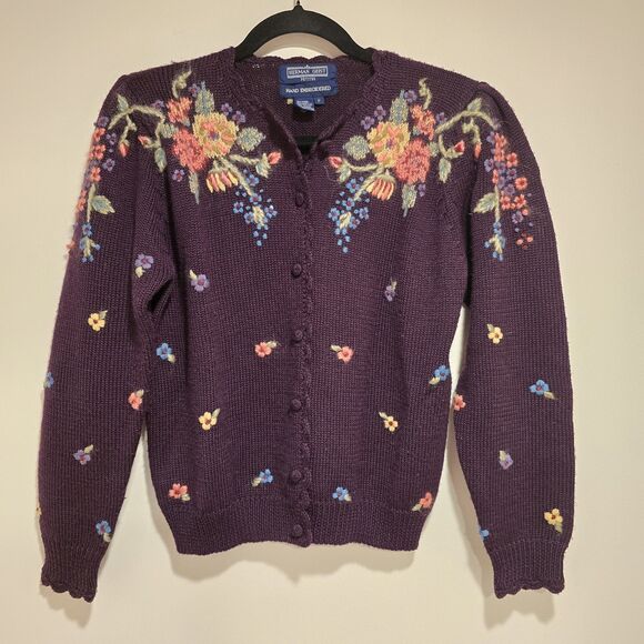 herman geist Sweaters - Herman Geist Cardigan Sweater Hand Embroidered 50% Wool Plum Floral Small Petite